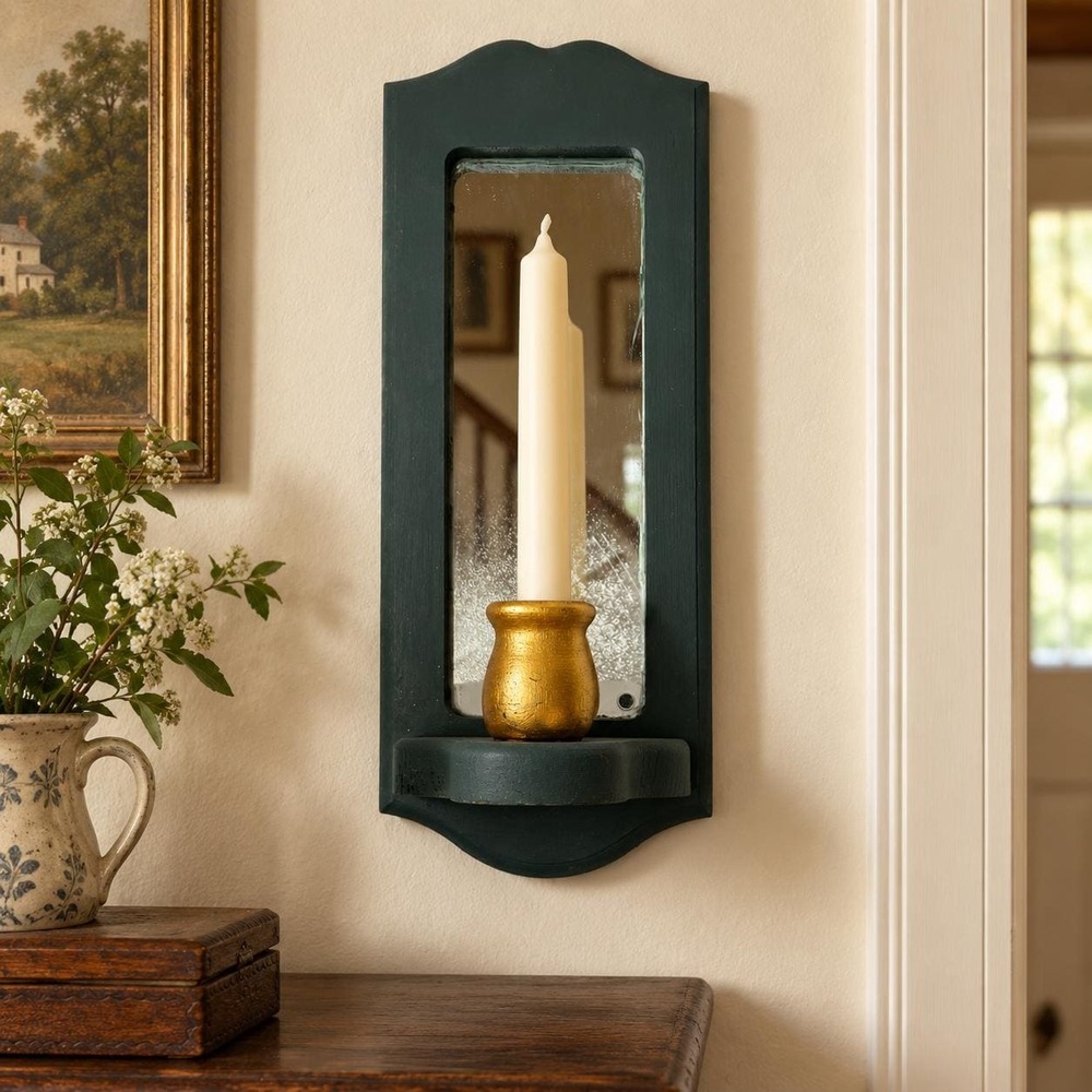 Wood Mirrored Wall Candle Sconce Dark Green Gold Primitive Farmhouse Decor VTG